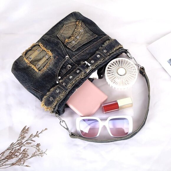 Denim Purse with Rhinestones Crossbody Shoulder Bag Bling Small Jean Purses for - Picture 7 of 7